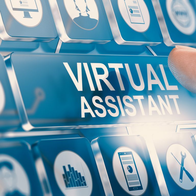 Pushing the blue keyboard button for hiring virtual assistant